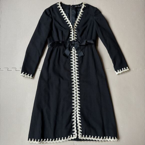 Vintage Mollie Parnis Boutique Black Wool Dress 60s Mod Cream Trim Bow Detail